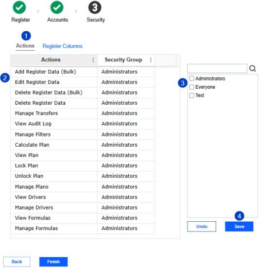 1. Actions tab 2. Select Action 3. Select Security Group 4. Save button